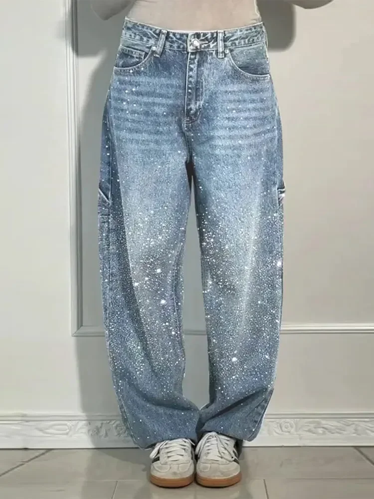 Glänzende Strass-Baggy-Jeans mit weitem Bein für Damen, voller Diamanten, weites Bein, ziehende Denim-Hose, Vintage-gewaschene Hose, Freizeithose