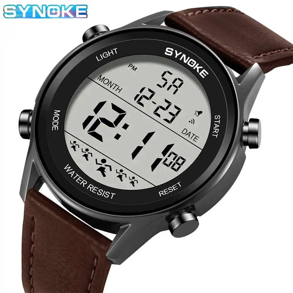 Synoke นาฬิกาข้อมือชาย, หน้าจอขนาดใหญ่กันน้ำดิจิตัล LED เรืองแสงสำหรับผู้ชายแฟชั่นกลางแจ้งกีฬา