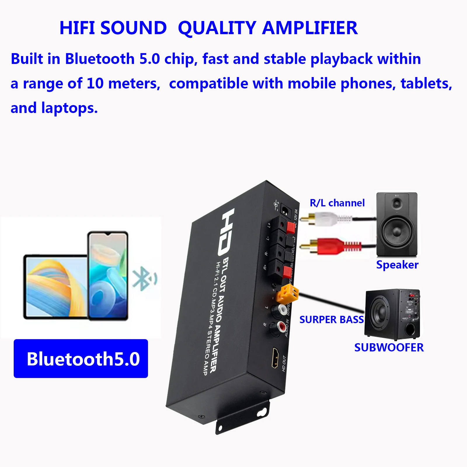 ST-838 HiFi 2.1 Channel Power Amplifier Bluetooth-compatible 5.0, 20Wx2 Subwoofer Amplifier  Sound Amp Bass and Treble Adjustmen