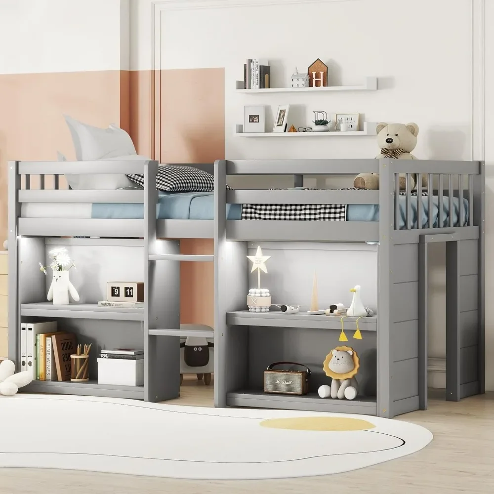 Twin Size Low Loft Bed with Storage Shelves,with LED Light and Shelves, Strong Wood Slats Support Wood Kids Twin Loft Bed