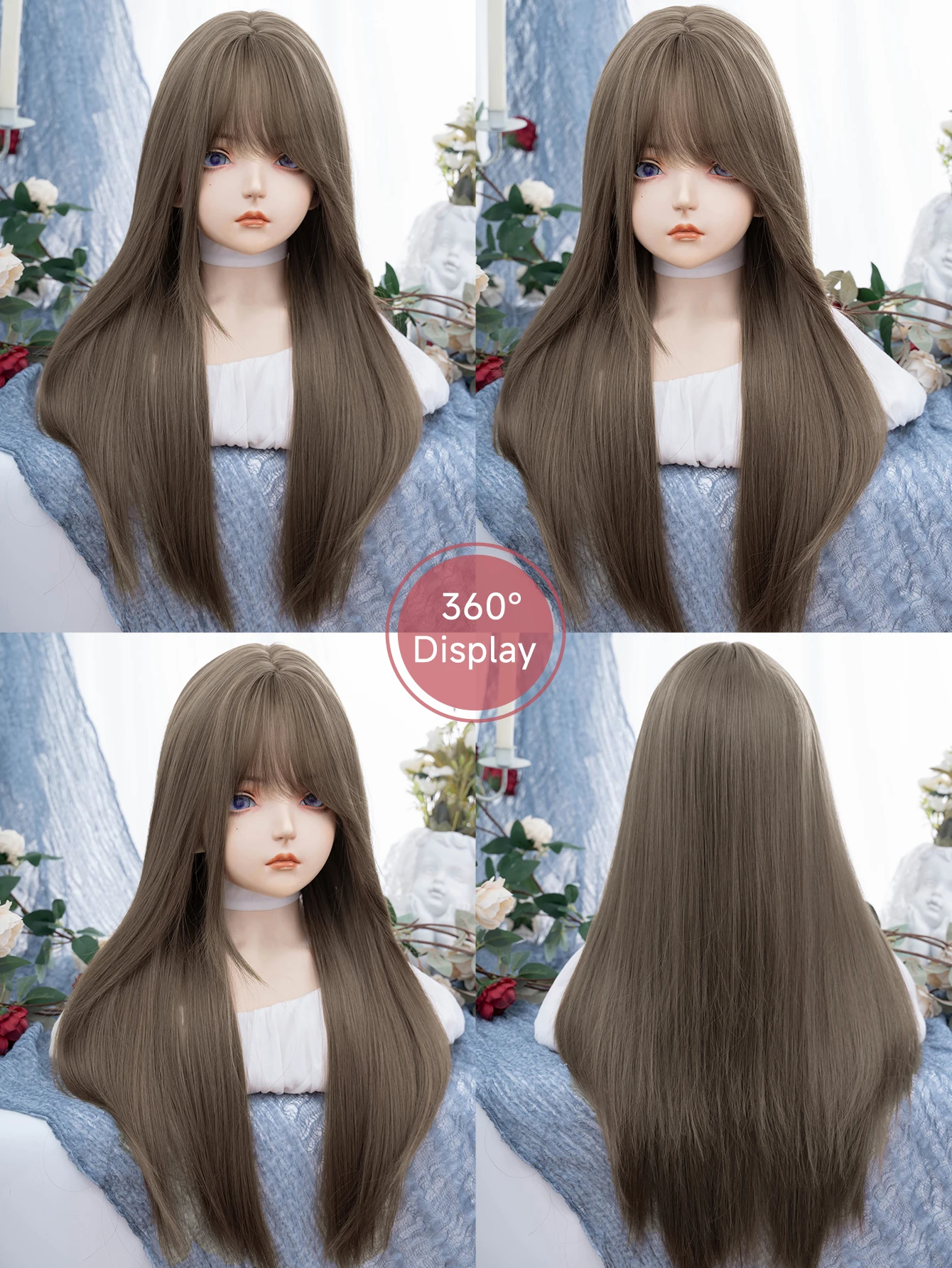 28 Zoll Honig Aschbraun Wild Style Synthetische Perücken mit Pony Langes glattes Haar Mechanismus Perücke für Frauen Täglicher Gebrauch Hitzebeständig