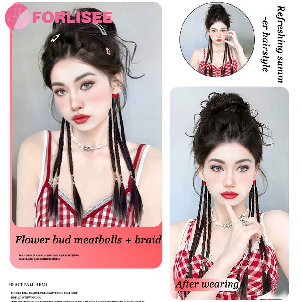 Forlisee-編み込みのボールヘッド,合成,ふわふわ,天然の花のつぼみ,ドラゴンのあごひげ,ハーフタイ,ボクシングの三つ編み