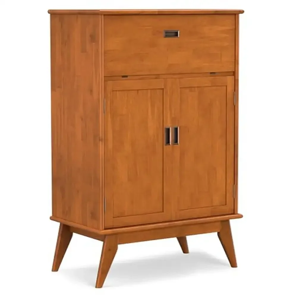 Solid Hardwood Mid Century Modern Bar Cabinet in Teak Brown 32" Wide Home Bar Storage Wine Cocktail Barware Handcrafted Wood