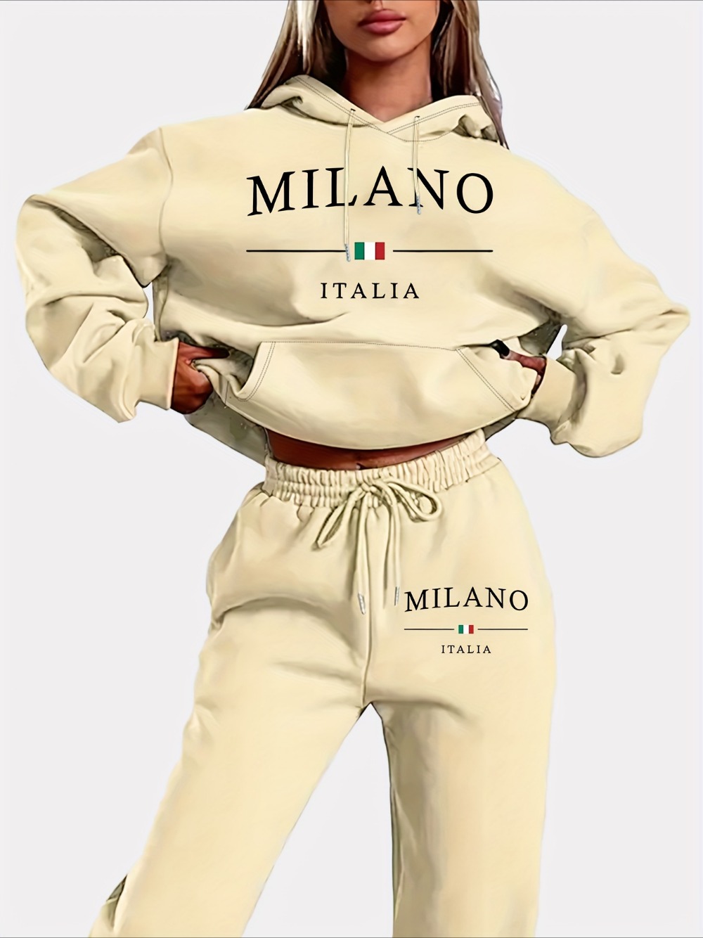 Sudadera con capucha y estampado de letras italianas para mujer, traje pantalón con capucha, camisa informal de manga larga, ropa de Sudadera, novedad de 2024