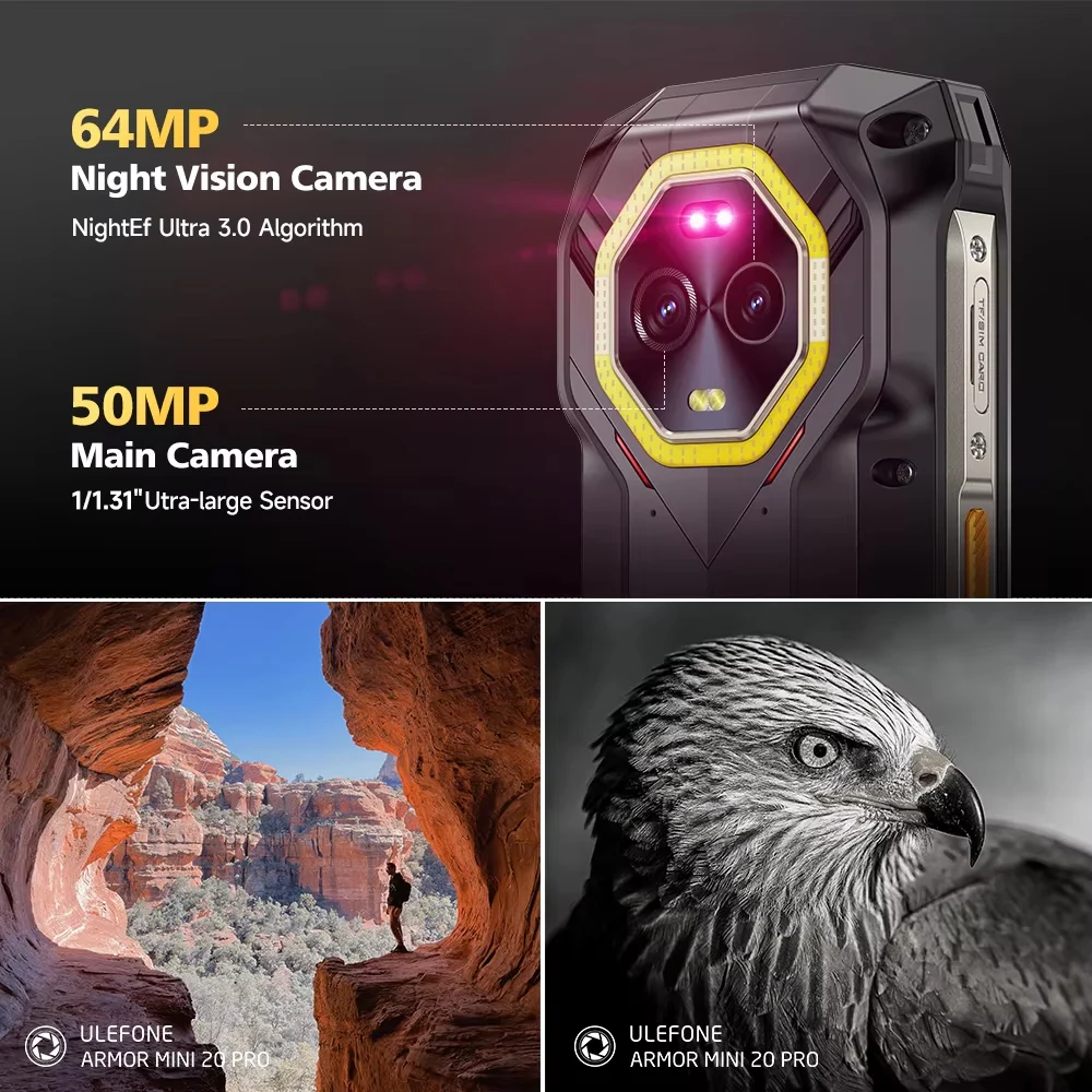 Ulefone Armor mini 20 4G 4.7" Display Telefone robusto 64MP Câmara noturna Luz LED versátil Smartphone Android 14 6200mAh 16GBRAM （8 + 8） 256GB ROM 33W