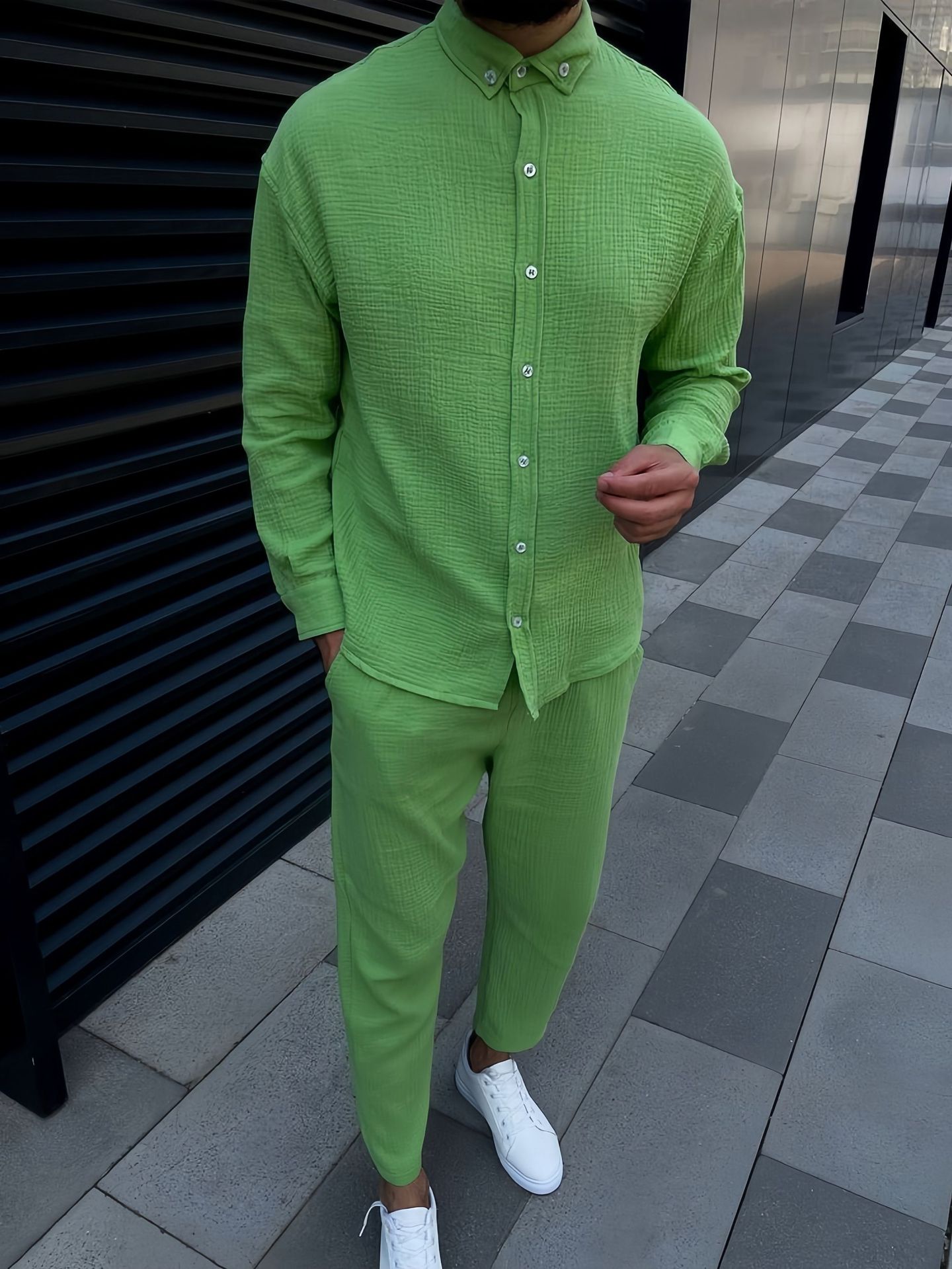 Conjunto de camisa informal cómoda con solapa de algodón y lino para hombre, pantalones cargo de manga larga a la moda, color sólido, dos piezas, primavera y otoño