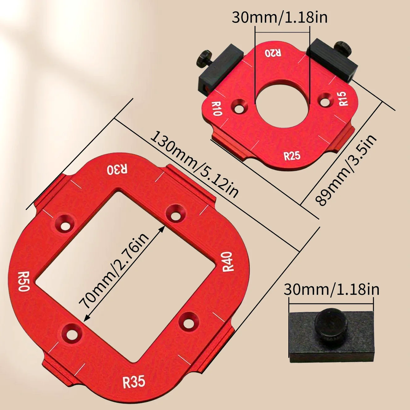 Aluminum Round Corner Radius Template Set - Router Table Jig for Woodworking, Arc Cutting Aid with Removable Clip, Sizes R10-R50