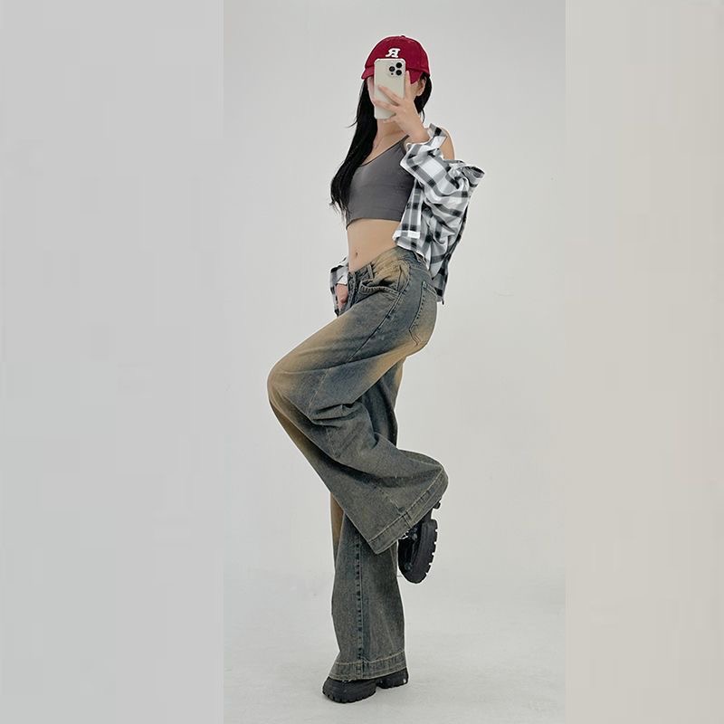 Fashionable Retro Washed Wide Leg Jeans High Waist Long Pants Denim Fabric Zipper Fly Casual Trousers for Young Women