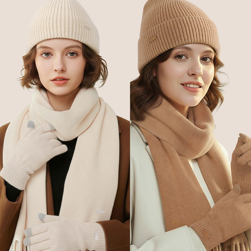 3-piece set women's winter knit hat scarf gloves combo, comfortable soft casual warm hat set, outdoor windproof riding set
