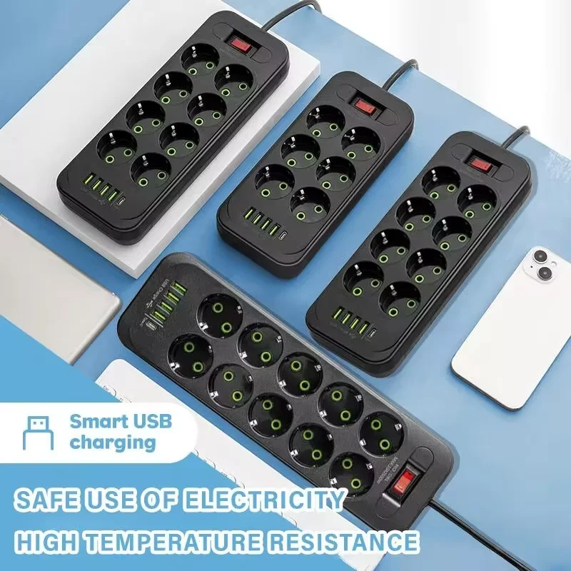 EU Plug AC Outlet Power Strip Multitap Extension Cord Electrical Socket With 4 USB Ports Fast Charge Multiprise Network Filter