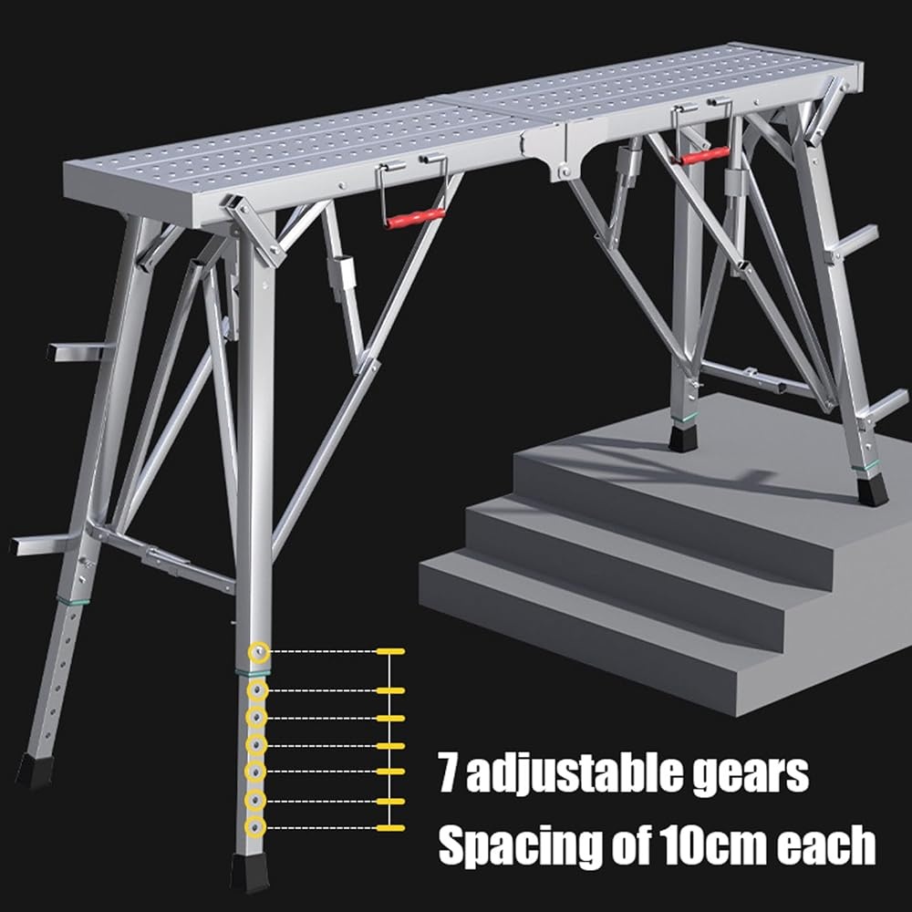 Adjustable Scaffolding Platform Folding Portable Work Ladder Non-Slip Feet Heavy Duty Capacity 600lbs Safety Stability DIY Home