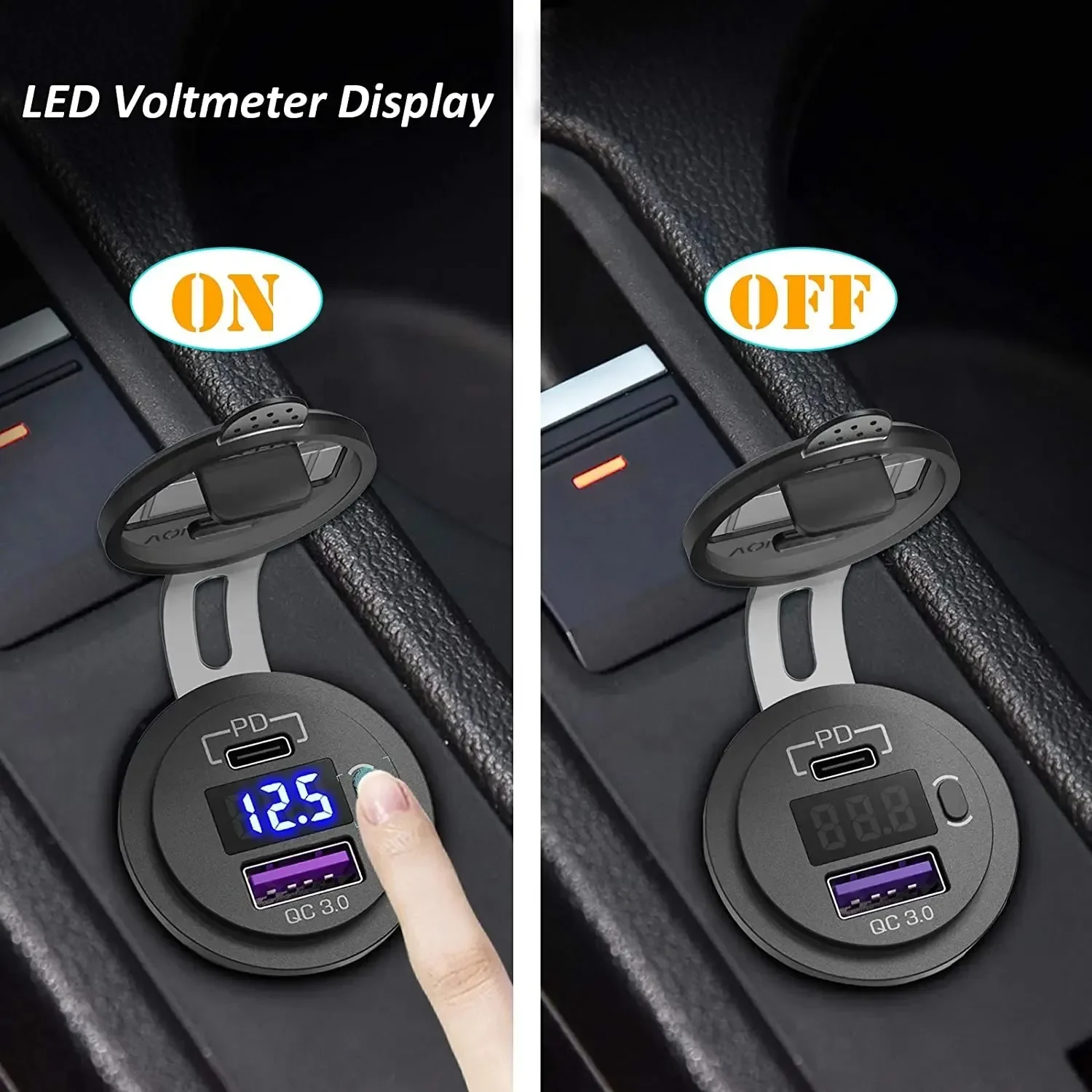 Soquete usb c para carregador de carro, 12v/24v, tomada usb dupla pd3.0 e qc3.0, porta usb para carro com voltímetro led e interruptor liga/desliga