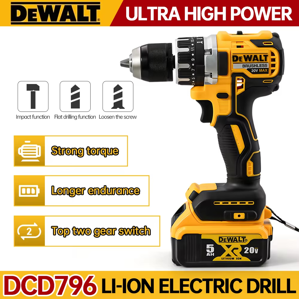 Dewalt DCD796 2000 об/мин Аккумуляторная электрическая дрель Бесщеточный шуруповерт Регулируемая скорость Ударная ручная дрель Перезаряжаемые электроинструменты