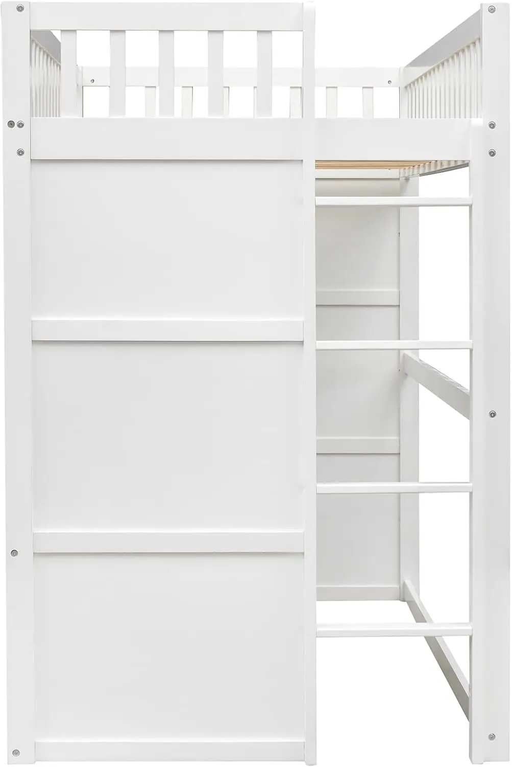Kids Full Size Loft Bed Playhouse Design Window Ladder White Gray Solid Wood Frame Safety Space Saving Easy Assembly(Item Weight