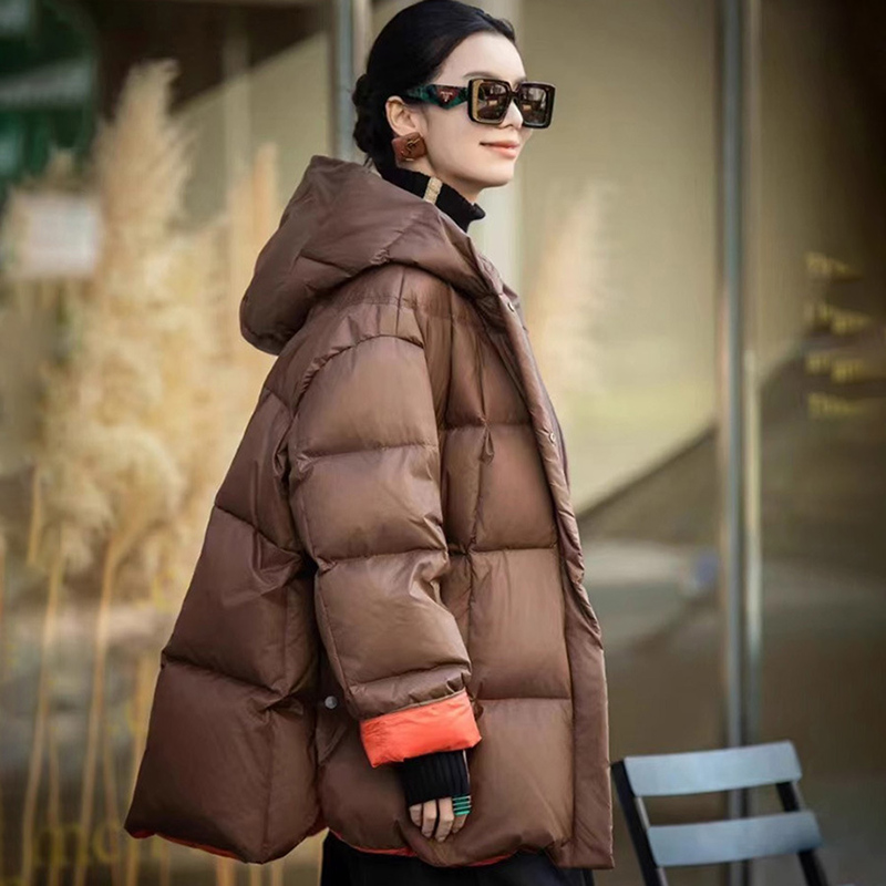 Schinteon Damen-Daunenjacke, lässig, locker, Übergröße, warm, Herbst-Winter, Oberbekleidung, weiße Entendaunen mit Kapuze, modischer Mantel, 2024, Neu