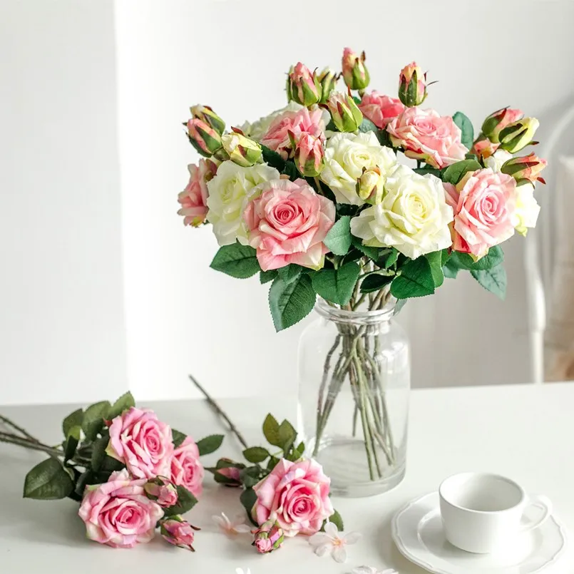 Flores artificiales, rosas de seda grandes, nuevo hermoso florero de rama para decoración del hogar, boda, plantas falsas Retro de otoño, decoración navideña