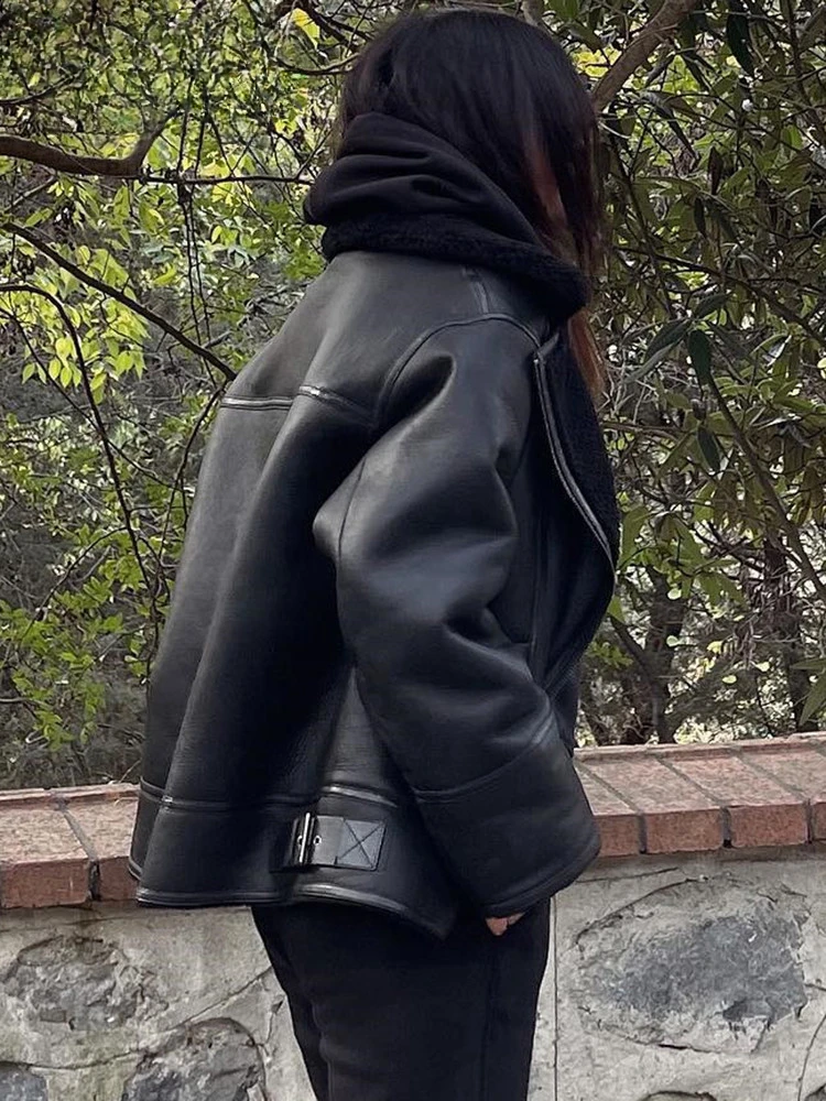 ฤดูใบไม้ร่วงฤดูหนาวผู้หญิงอบอุ่นสีดําซิปเสื้อหนัง Faux เสื้อหลวมเปิดลงปกความหนา Overcoat หญิง Outwear