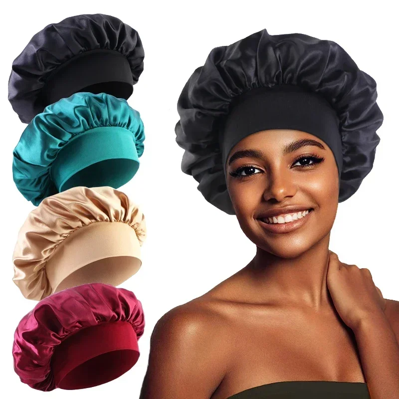 Gorro de dormir de ala ancha de satén, diadema de seda con estilo para dormir, gorro de noche con banda elástica, gorro de ducha para el pelo