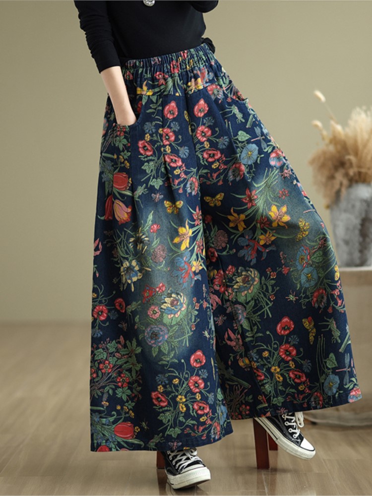 Jeans Bloem Bloemenprint Herfst Wijde Pijpen Broek Vrouwen Losse Geplooide Mode Dames Oversized Broek Elastische Taille Vrouw Broek