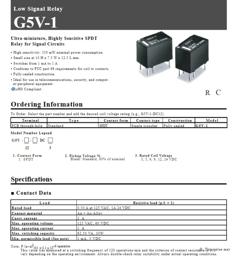 G5V-1-5VDC G5V-1-12VDC G5V-1-24VDC G5V-1-3VDC G5V-1-9VDC Relé de señal baja Un abierto y otro cerrado 6 pines 1A