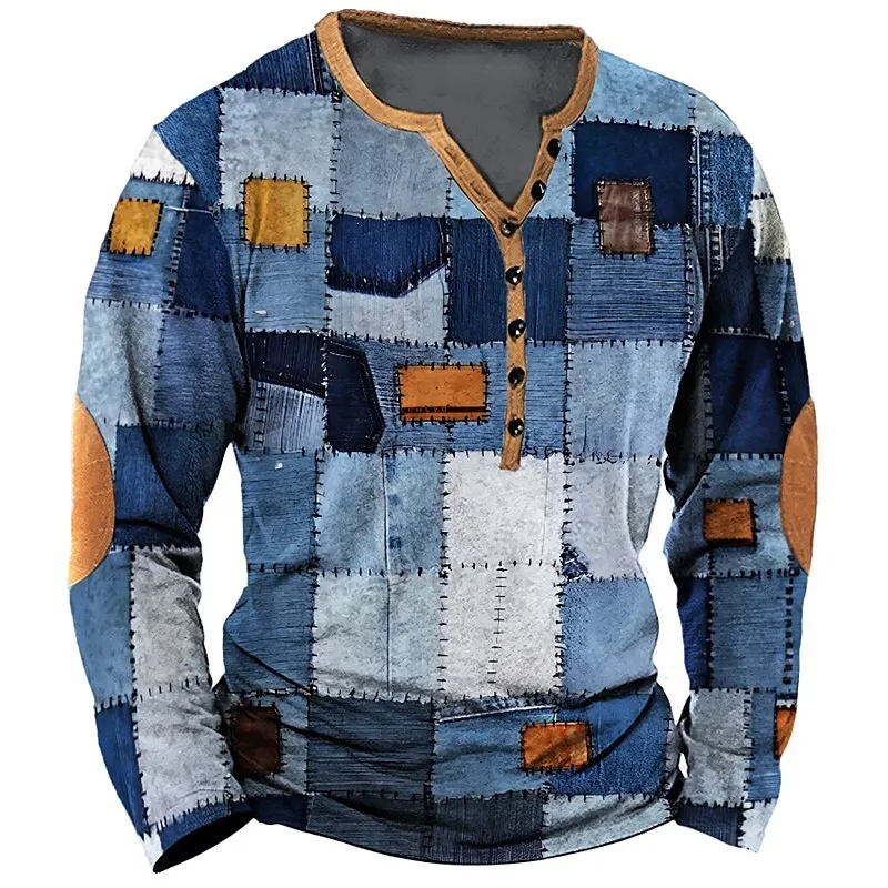 Patchwork Denim Vintage เสื้อยืดผู้ชาย Patchwork Grid กราฟิกเสื้อ T 3D พิมพ์แขนยาว Tee ขนาดใหญ่ Man เสื้อผ้า Tops