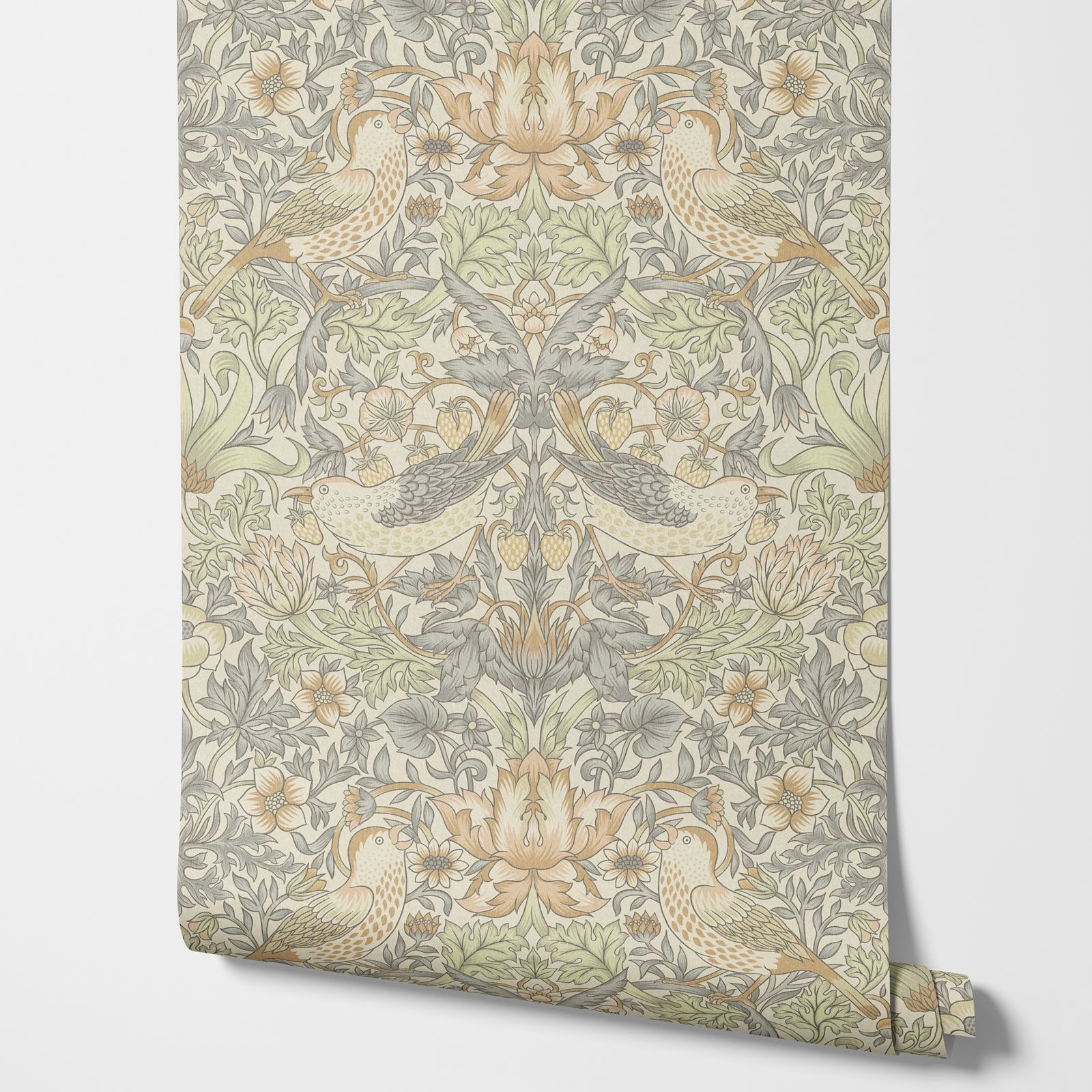 Papel de parede de flor de ladrão de morango natural na cor da natureza, papel de parede descascado e colado com pássaros atrevidos, festa na recompensa da natureza