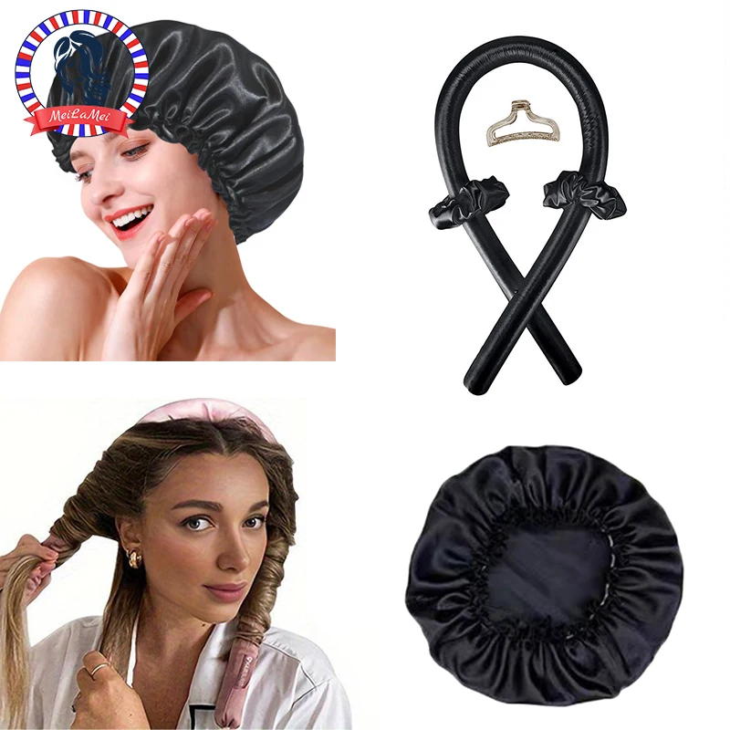Ensemble de bonnets de couchage en Satin de soie, 2 pièces, sans chaleur, couvre-chef pour cheveux bouclés naturels, soins capillaires longs, outil de bouclage ondulé
