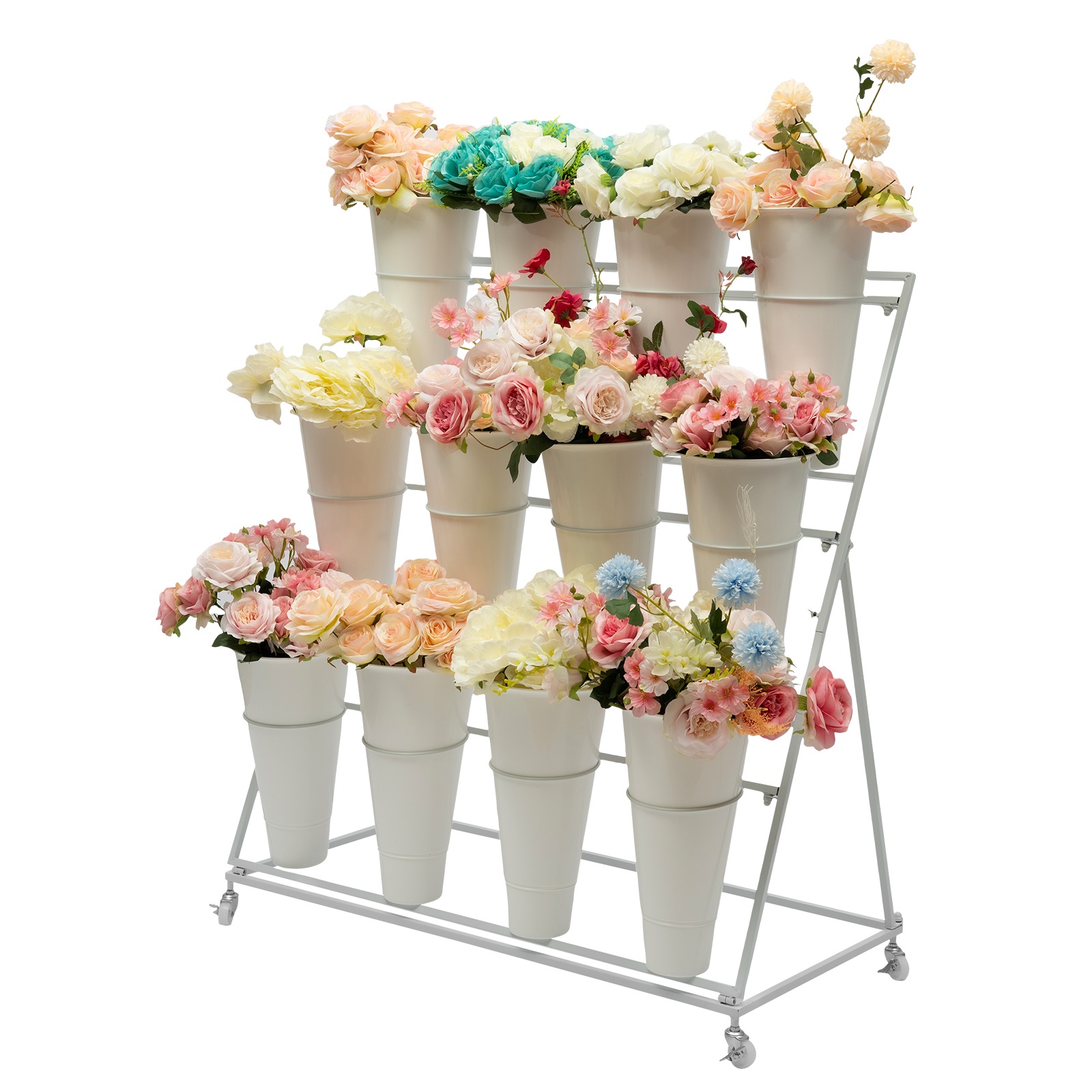 3 Layers Flower Display Stand Movable Modern Metal Plant Shelf with 12Pcs Flower Buckets & Wheels for Home Garden Patio Balcony