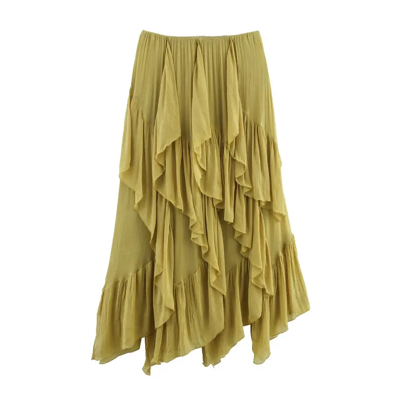 Falda Midi de Verano 2025, Nueva Colección, Diseño Decorativo en Capas, Informal, Asimétrica, de Poliéster, Hoada