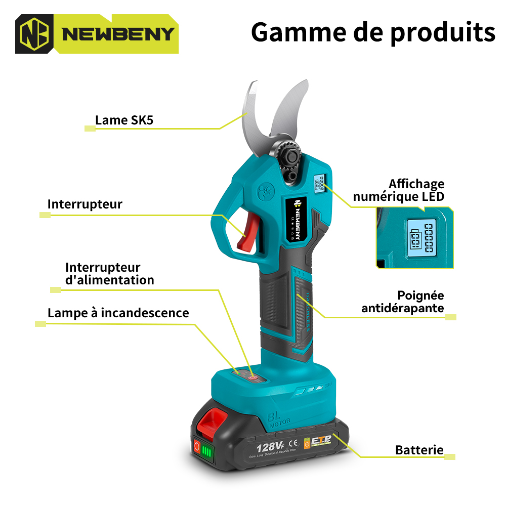 NEWBENY – sécateur électrique sans balais, 30mm, 4 vitesses, sans fil, pour jardin, arbres fruitiers, bonsaï, outil d'embellissement pour broche de batterie Makita
