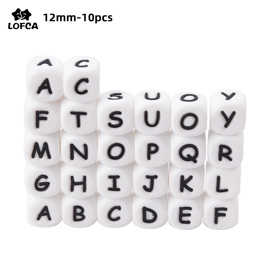 LOFCA, 10 Uds., 12MM, cuentas de letras de silicona, accesorios de joyería DIY para hacer pulseras, cuentas del alfabeto inglés, sin BPA, grado alimenticio