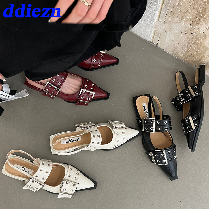 ผู้หญิงแบนรองเท้า 2025 Designer Luxury BUCKLE แฟชั่นสุภาพสตรีรองเท้า Slingback Pointed Toe Casual หญิงรองเท้าแตะล่อ