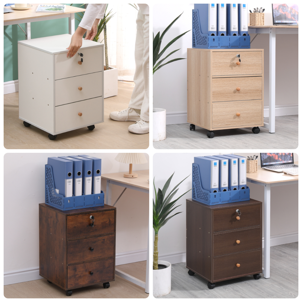BonChoice 3 Drawers Mobile File Cabinets Pedestal Office Filing Cabinet Lockable with Rolling Casters, Wood Under Desk Storage
