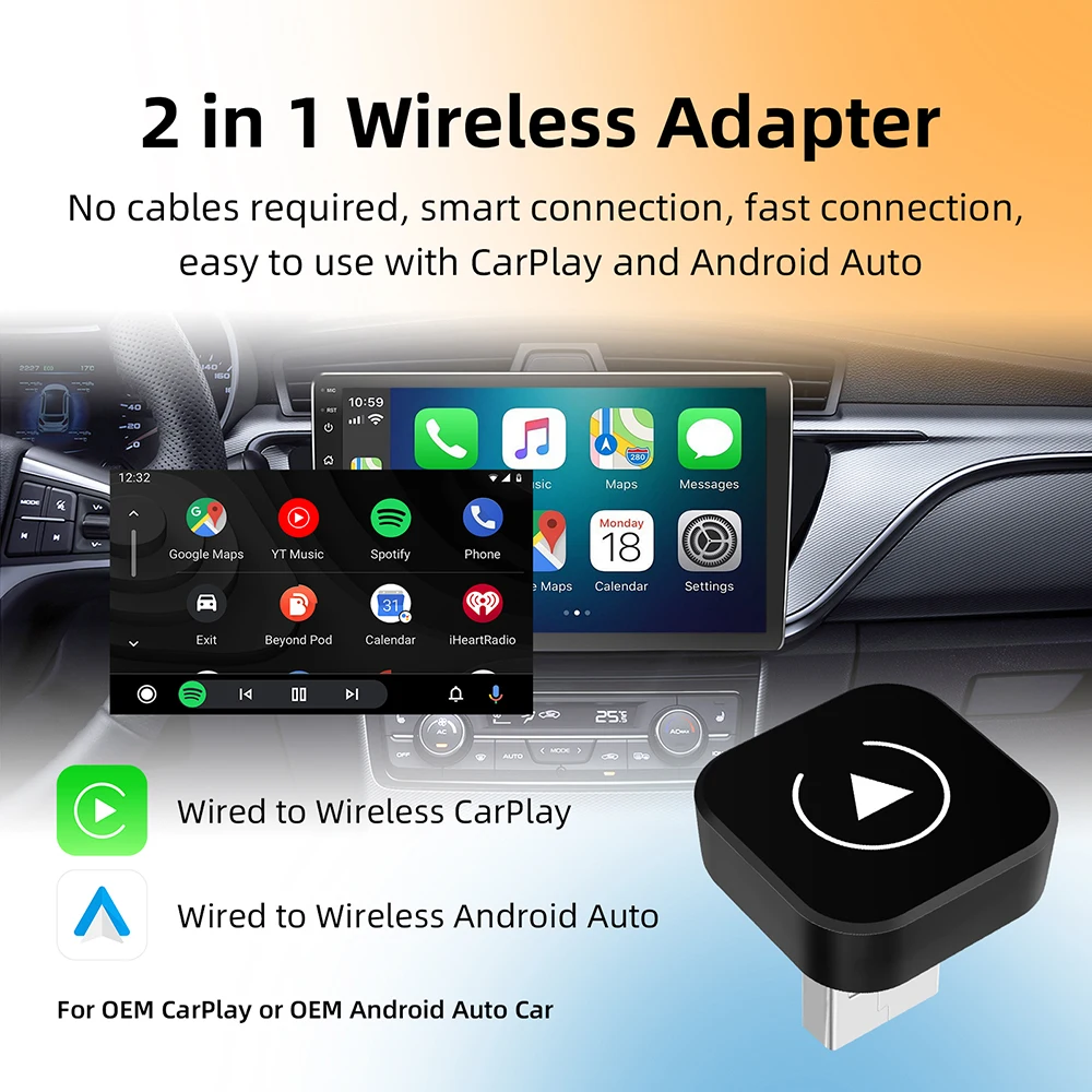 2 em 1 sem fio carplay dongle sem fio android adaptador automático ai caixa inteligente para carro com fio carplay carro sistemas inteligentes