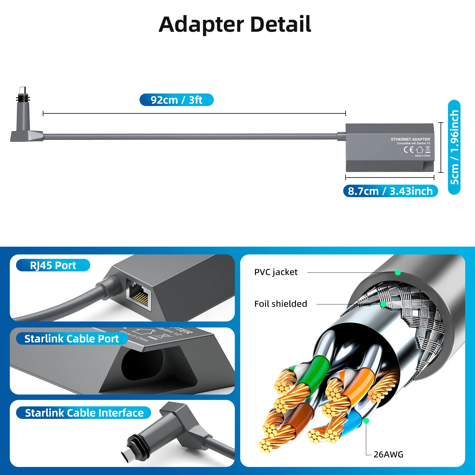 Starlink Ethernet-Adapter für Dish Antenne Satellite Internet V2 Powerline Kit für kabelgebundenes externes Netzwerk GEN2 Ethernet-Adapter