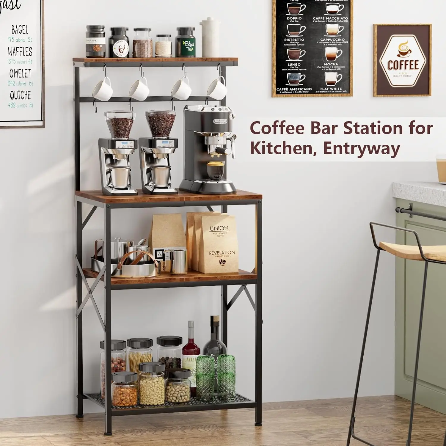 Kitchen Bakers Rack with Storage Shelves, Small Coffee Bar Table with 8 Hooks, 4 Tiers Microwave Stand Station
