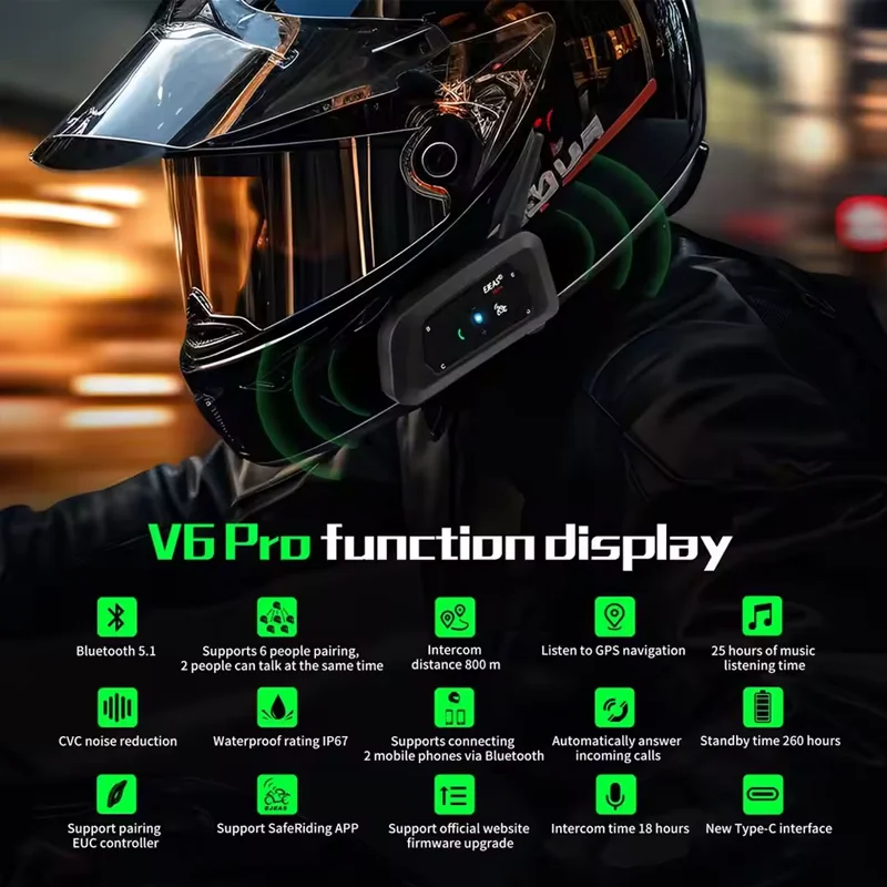 EJEAS V6 Pro+ Motorrad Bluetooth Helm Headset Intercom Communicator 1200 m Interphone Für 6 Fahrer IP65 Musik Wasserdicht