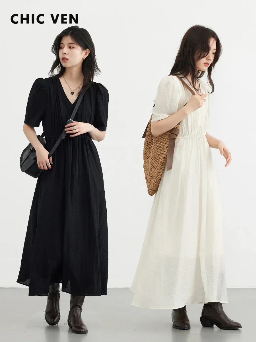 CHIC VEN-Vestido largo de estilo francés para mujer, ropa holgada con cuello en V, manga abullonada, color negro liso, novedad de verano 2023