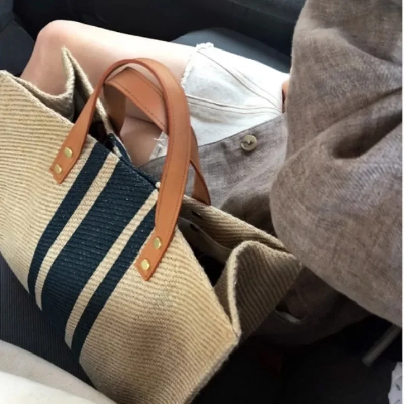 Simple Canvas Stripe Decor กระเป๋าถือผู้หญิง Top Handle Tote กระเป๋าขนาดใหญ่ความจุลําลองไหล่กระเป๋า Crossbody