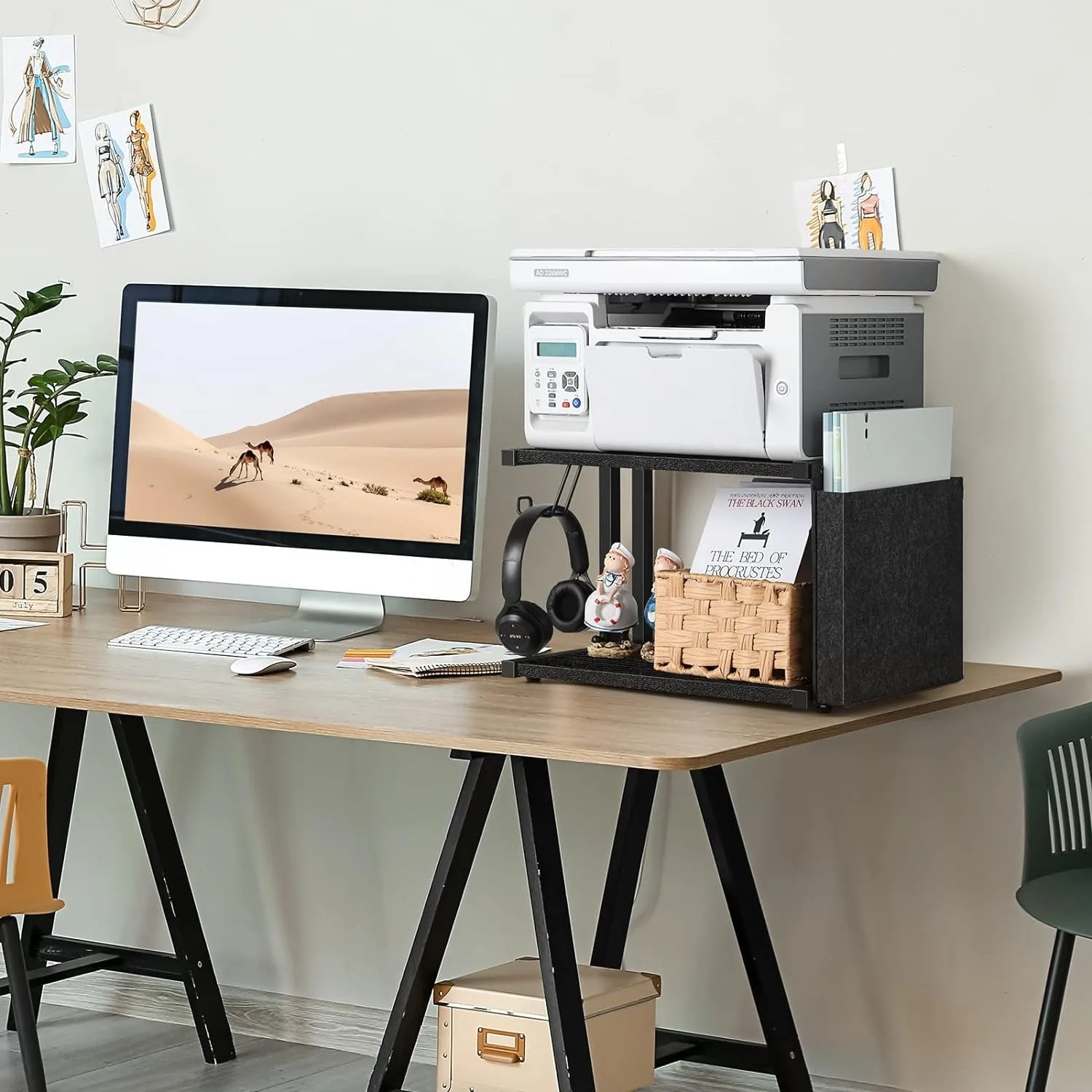 Printer Stand Under Desk Printer Table with Wheels 2 Tier Small Printer Cart with Storage Bag Desktop White Printer Stands