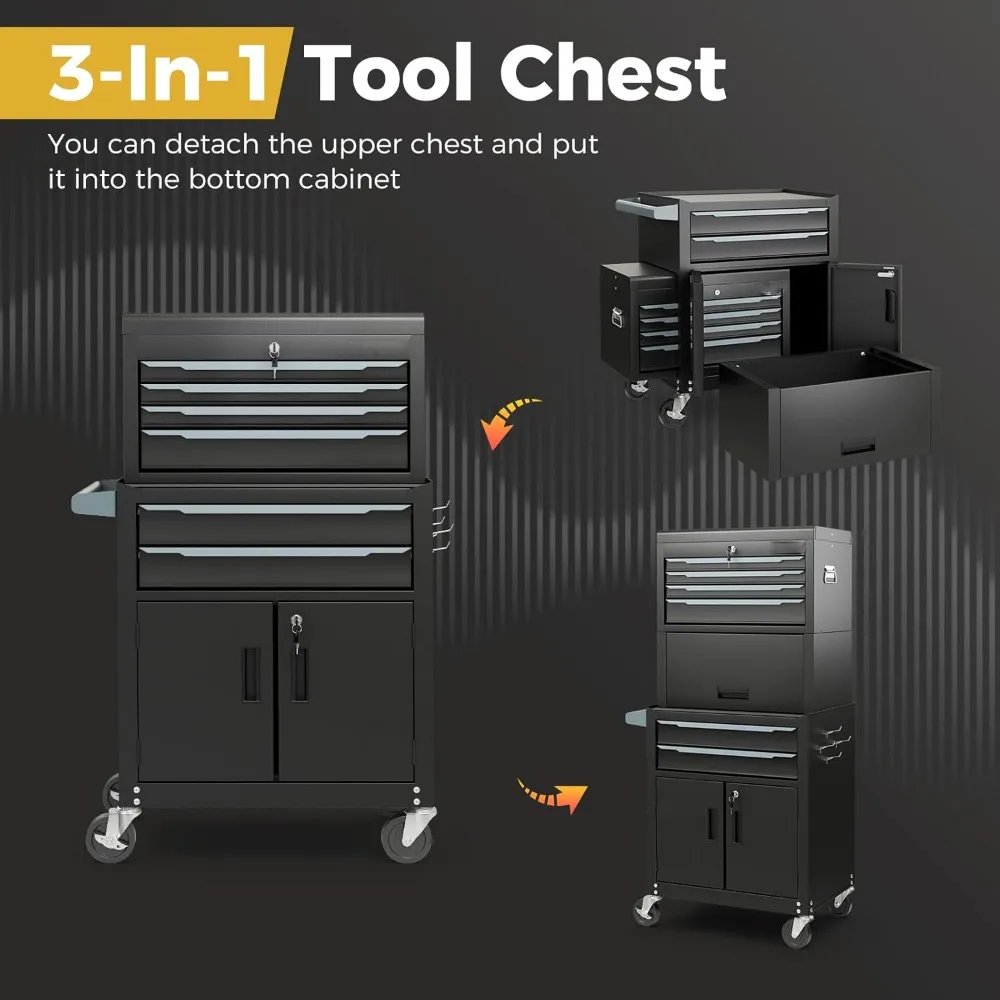 Large Tool Cabinet, Lockable Metal Tool Chest Combo with Detachable Top Cabinet, Wheels, 6 Drawers & Hooks, Workbenches