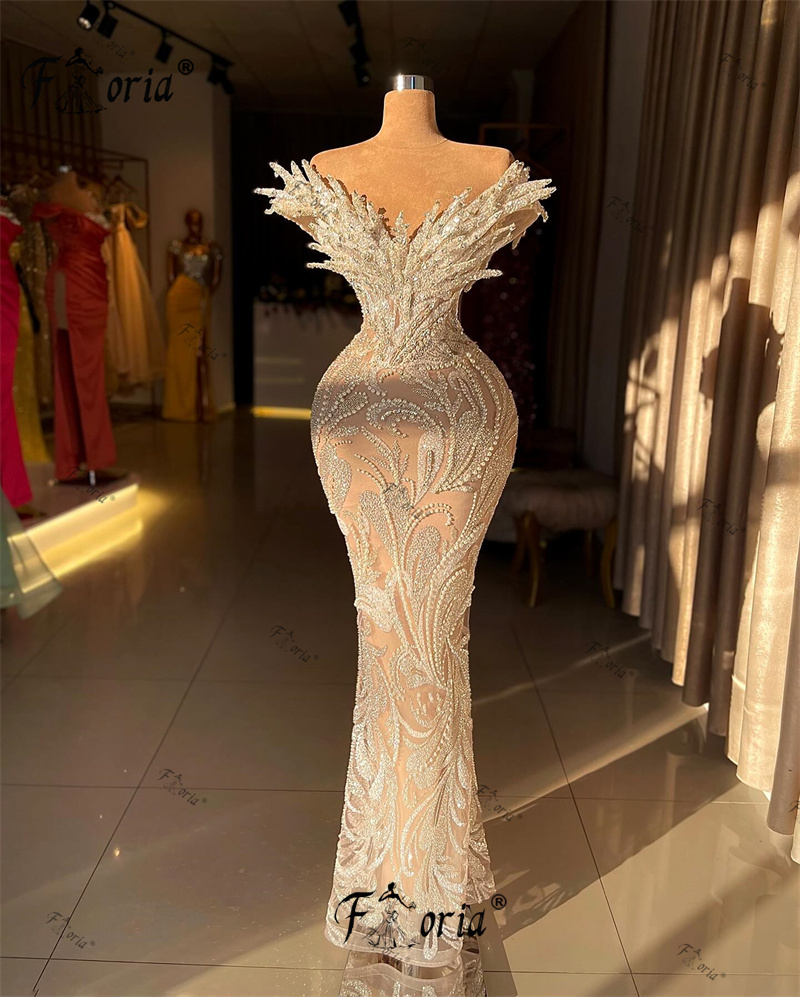 Elegante Champagner-Meerjungfrau-formale Abendkleider mit 3D-Applikationen und Perlen, Abendkleid, Vestidos de Diego Formales, arabische Robe 2024