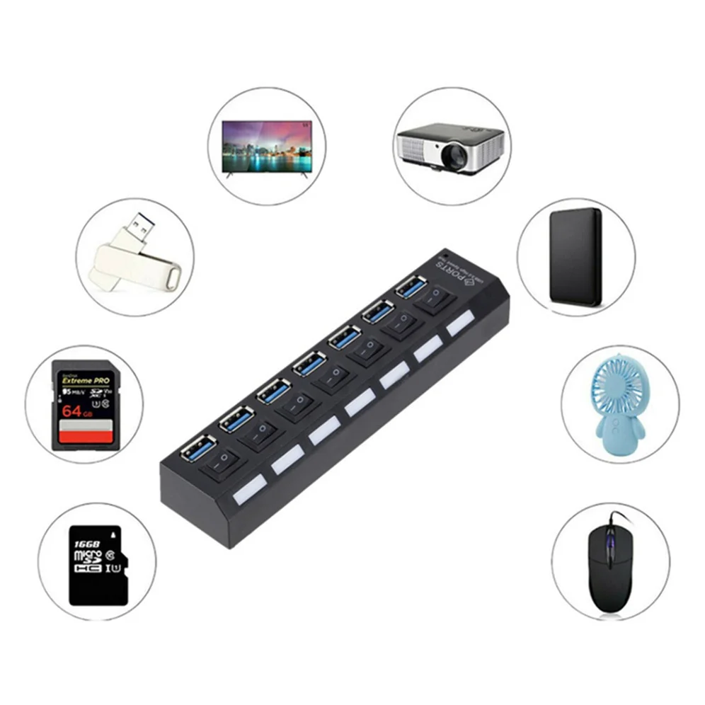 Hub USB 3,0, divisor de concentrador USB, concentrador Multi USB 3,0, divisor de concentrador de 4/7 puertos múltiples con adaptador de corriente, accesorios de ordenador Hub para PC