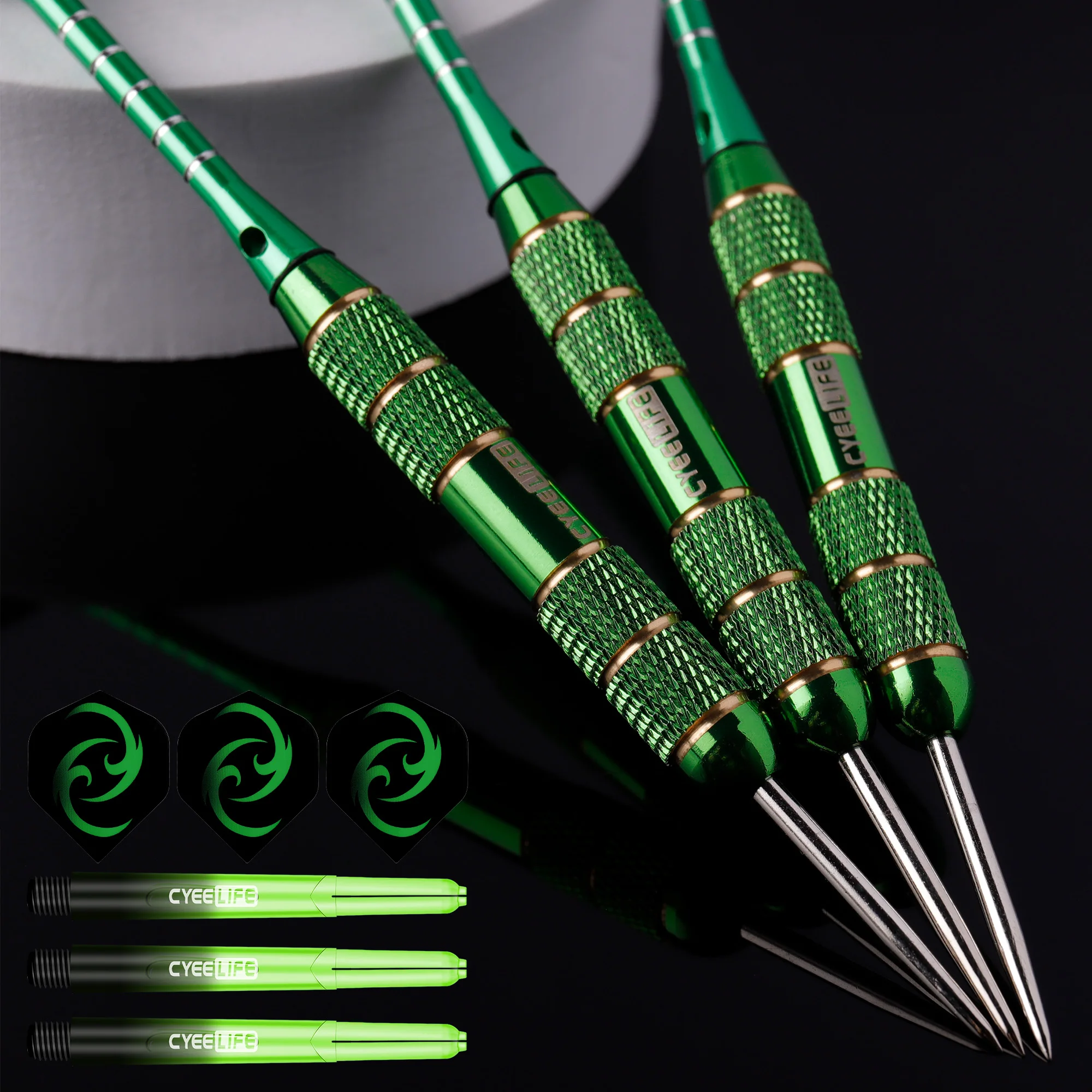 CyeeLife 24g Professionelles Dart-Set, 3-teilig, Stahlspitze, Darts, Flights, Anti-Fall, Hart-Dart, reines Kupfer, Dart fliegen, für Dartscheibe, grün