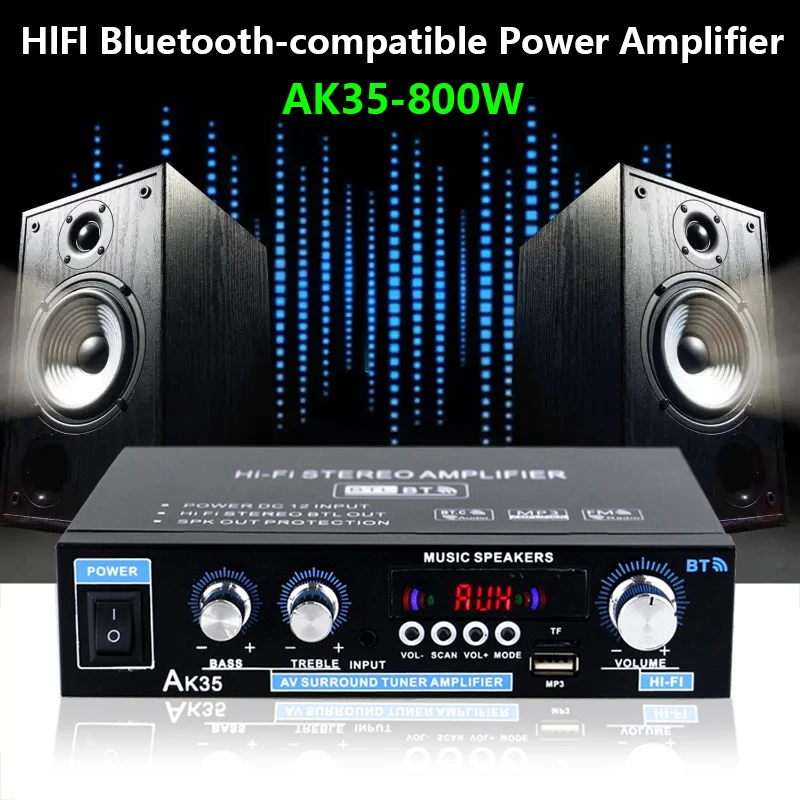 AK35 800W Home Power Amplifiers 2 Channel Bluetooth 5.0 Surround Sound FM USB Remote Control Mini HIFI Digital Amplifier Stereo