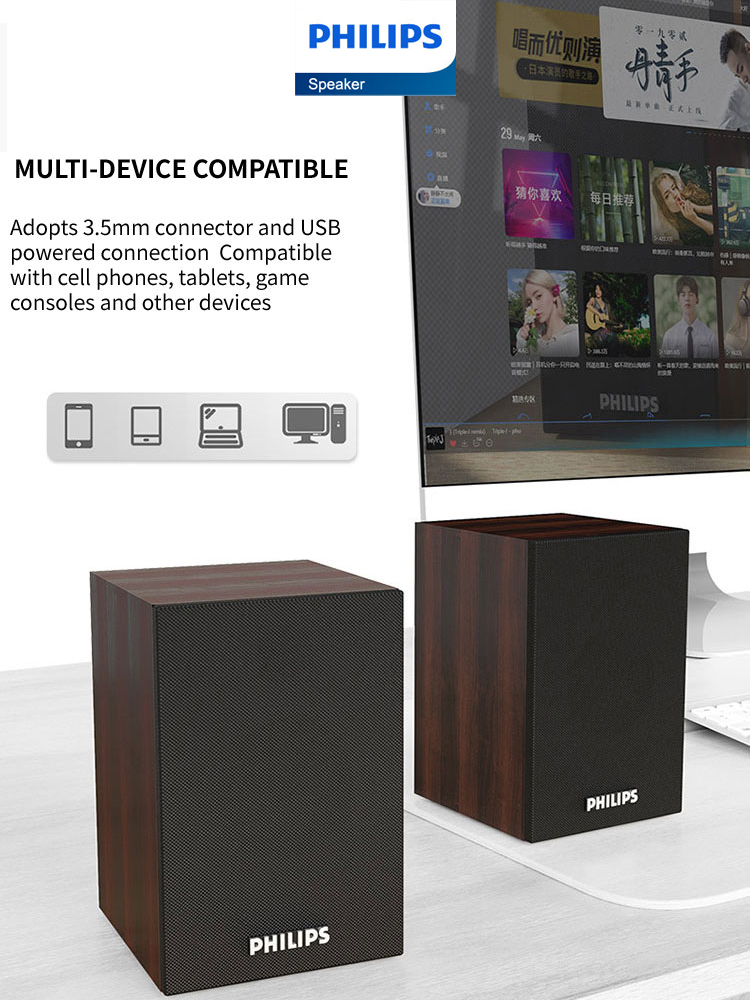 Philips SPA20 Bluetooth-Lautsprecher, Außenlautsprecher, Musik-Player, HiFi-Stereo-Sound, Subwoofer für Computer, Desktop, Mobiltelefon