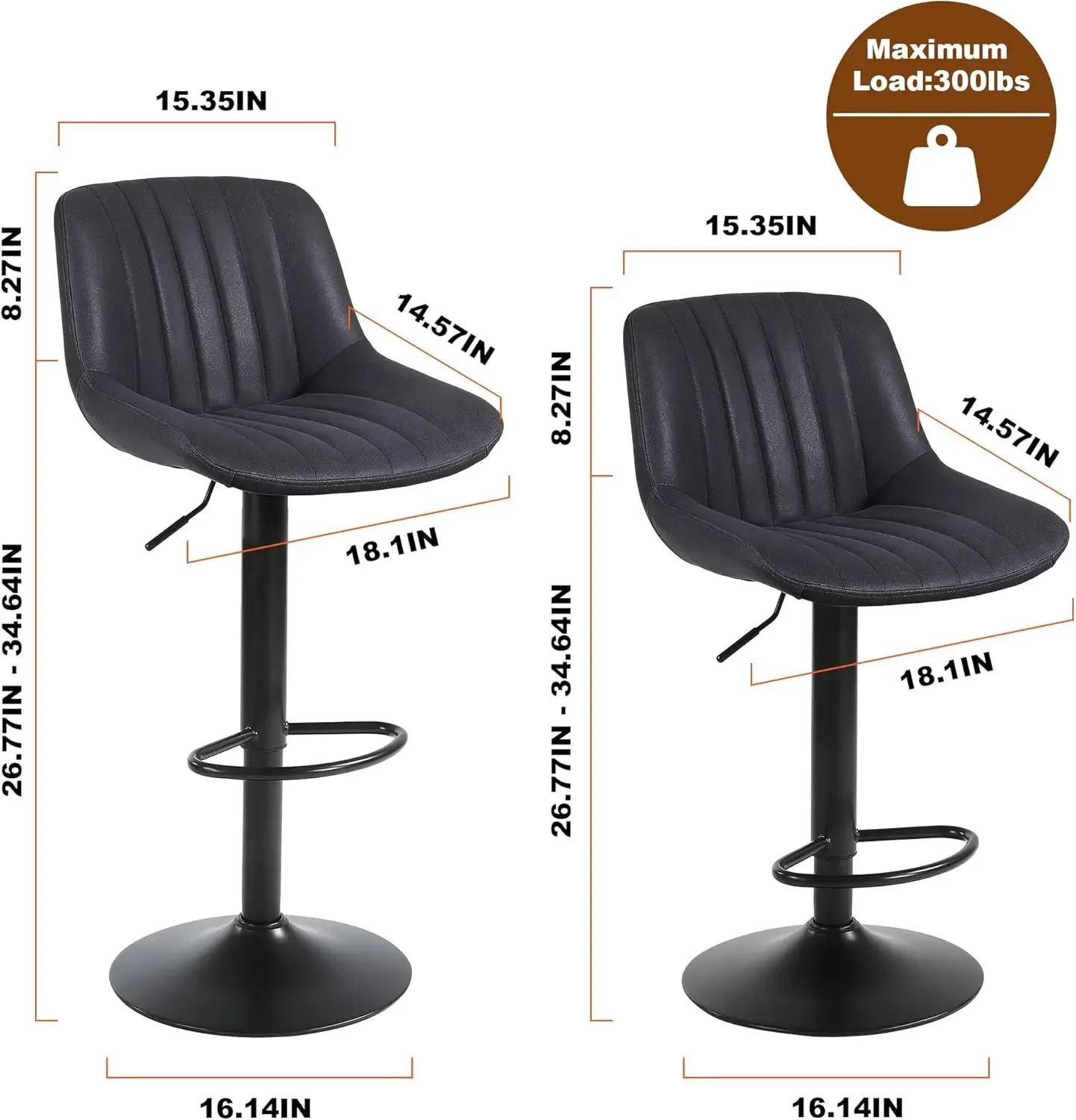 Taburetes Alts Cocina Juego de 2, Taburete Bar Giratorios Altura with Respaldo, Taburete Alto Ajustable Cuero PU, Negro