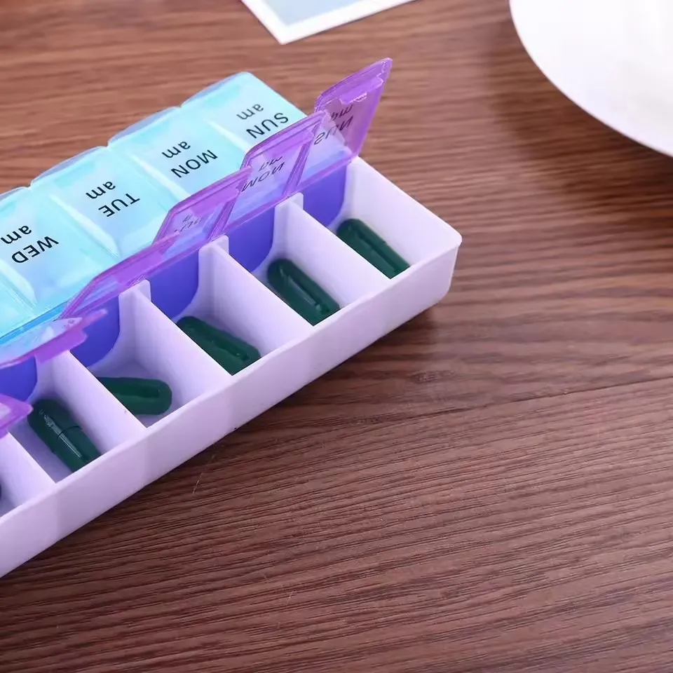 Caixa de comprimidos caso 7 dias semanal caixa de armazenamento de medicina fileira dupla 14 grade tablte dispensador organizador tampa aberta kit de primeiros socorros recipiente