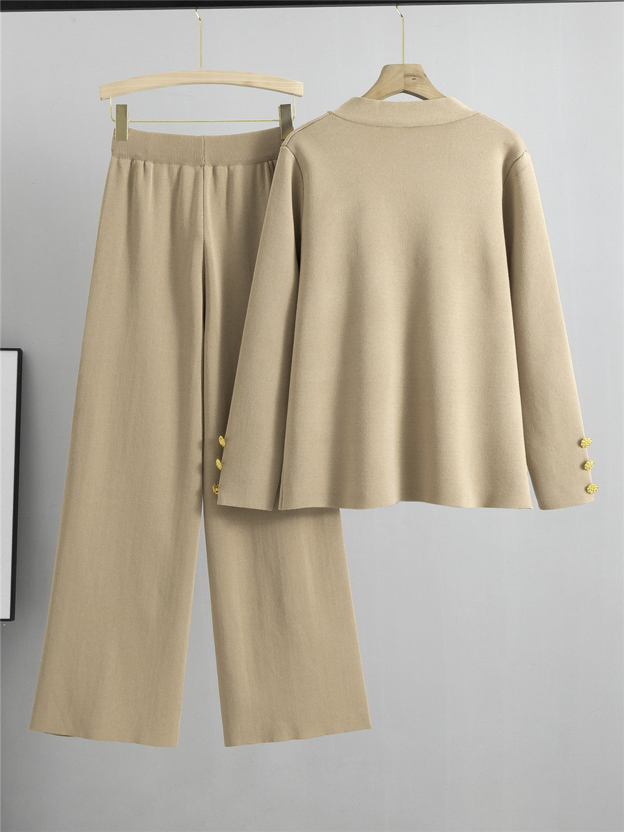 Conjuntos de suéter de punto para mujer, cárdigan con cuello en V y botones dorados grandes, abrigos, Conjunto de cintura alta, pantalones de pierna ancha de 95cm, Otoño e Invierno