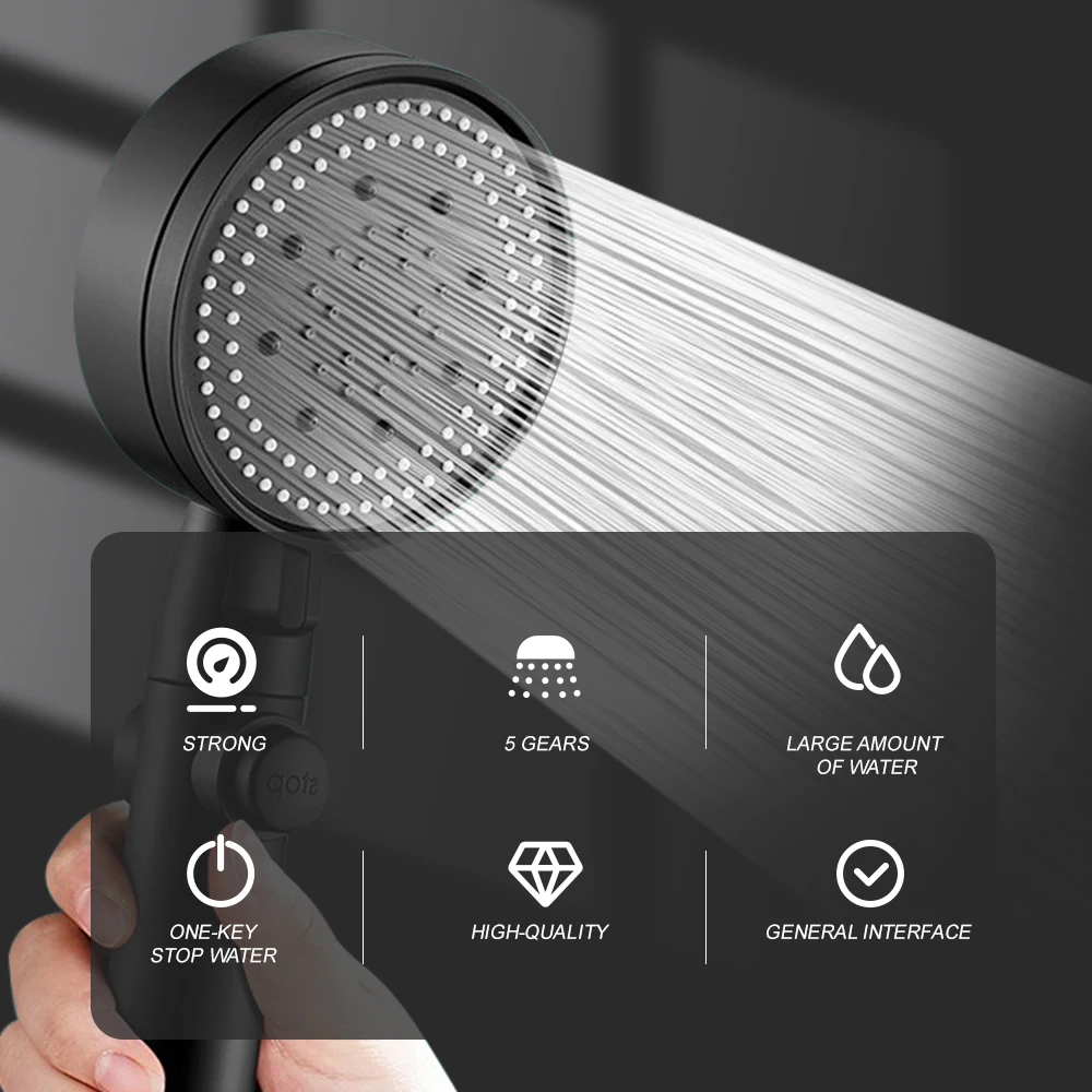 Cabezal de ducha de alta presión, cabezal de ducha de mano de 5 configuraciones con interruptor de botón de apagado completo, Control de flujo, ahorro de agua